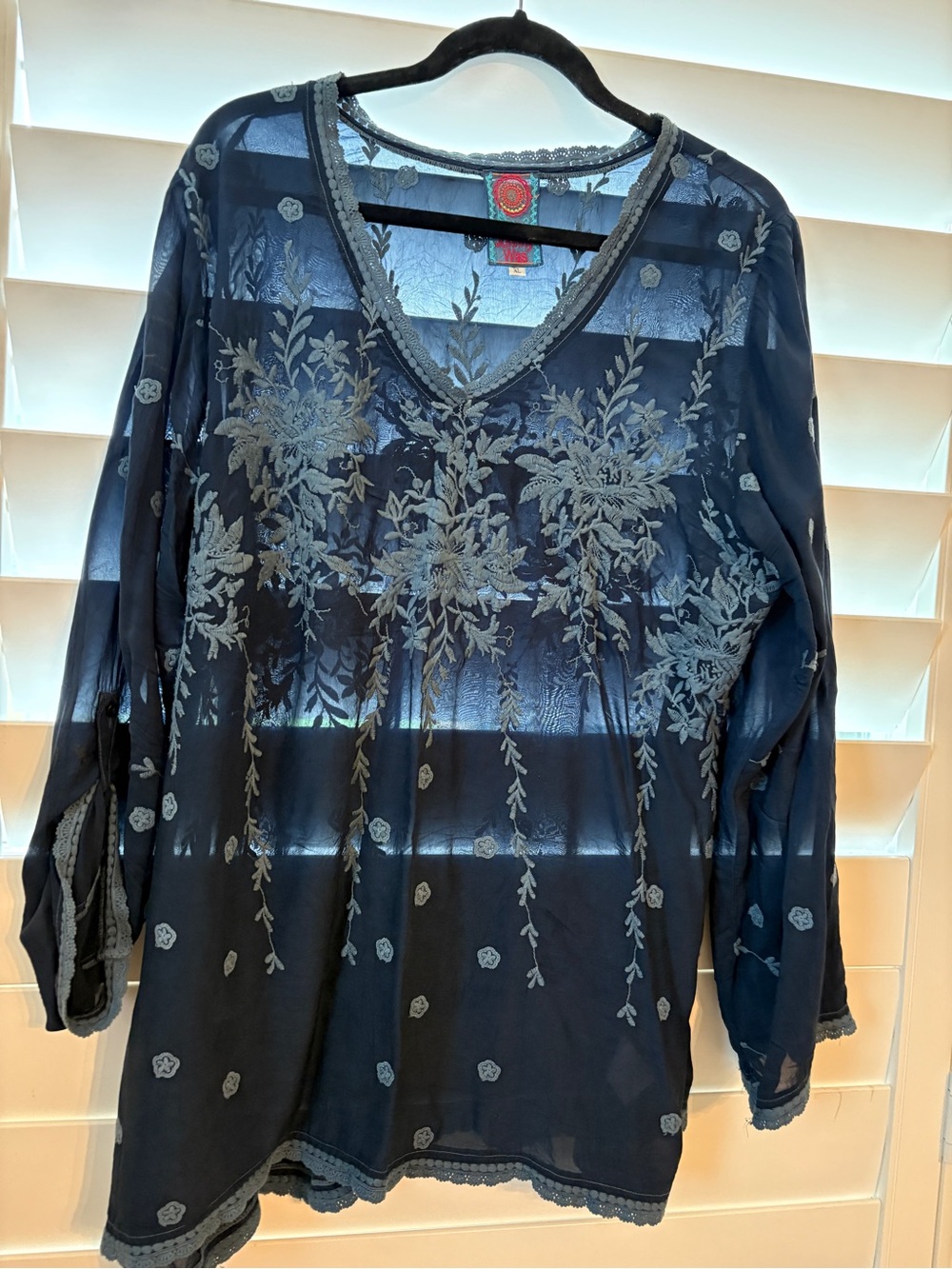 Johnny Was Navy Blue Sheer Embroidered Floral Tunic